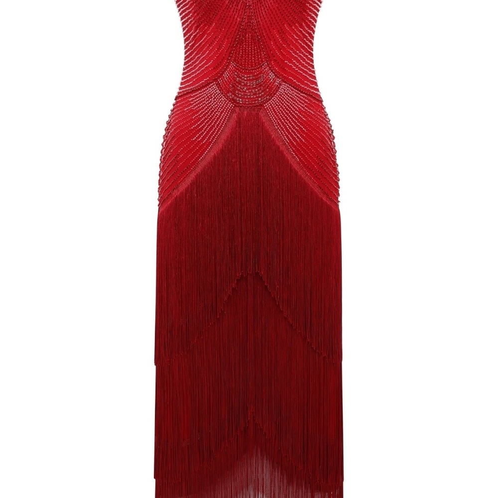 Old World Glamore Dark Red Beaded Fringe Dress - Picture 7 of 7